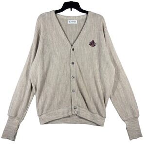 VINTAGE 90s Izod Cardigan Men's L Tan Logo Made In USA Acrylic Casual Fall